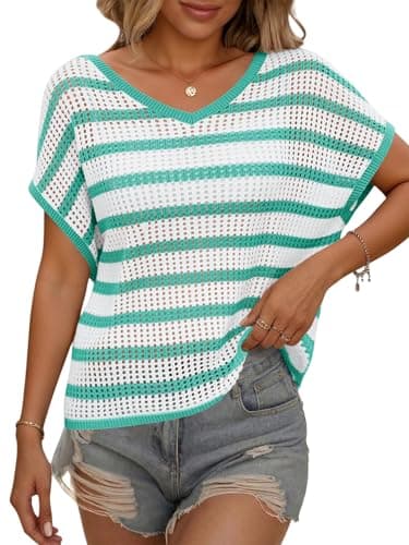 Yousify Womens Summer Crochet Tops Cap Sleeve Knit Pullover Sweater Vest V Neck Cover Ups Beach Vacation Clothes Green - Image 1