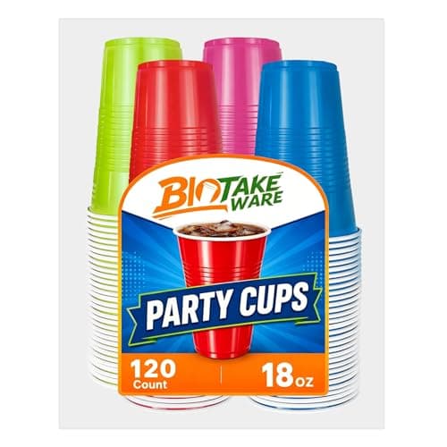 Biotakeware Disposable Plastic Cups, 120 Count, 18 Oz BPA-Free PP Plastic Cups, Assorted Red Blue Green Pink Party Cups for Tailgates, Birthdays, Holidays, BBQs, and Events - Image 1