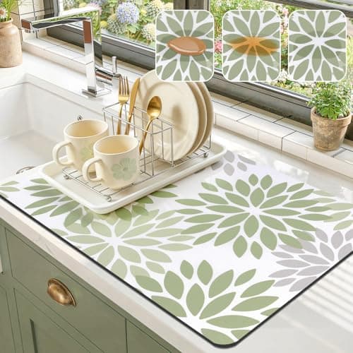 Findosom Floral Dish Drying Mat, 16" x 24" Super Absorbent & Hide Stain Coffee Mat, Cuttable Drying Mat for Kitchen Counter, Under Dish Rack, Coffee Maker, Espresso Machine, Sage Green - Image 1