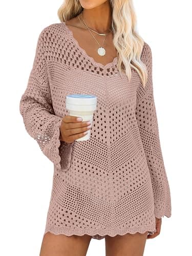 ANRABESS Swimsuit Cover Up for Women Crochet Bathing Suit Summer Swimwear V Neck Mesh Knit Dress 2026 Beach Vacation Clothes X-Large Pink - Image 1