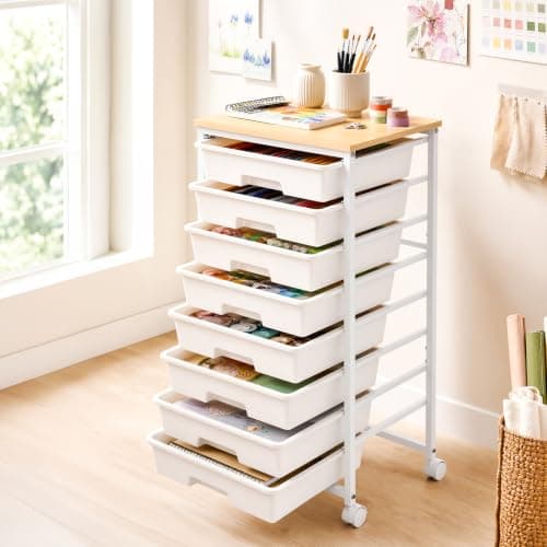 LEHOM Rolling Storage Cart with 8 Drawers, Utility Cart on Wheels with Metal Frame and Wooden Tabletop for Living Room Bedroom Dorm, Office Storage & Art Supply Craft Organizer for Classroom - Image 1