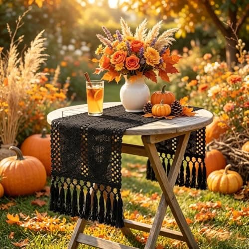 yuboo Black Table Runner 36 Inches, Small Boho Macrame Coffee Bar Mat, Modern Farmhouse Dresser Scarf with Tassels, Short Runner for Nightstand, Shoe Cabinet, Industrial Home Decor - Image 1