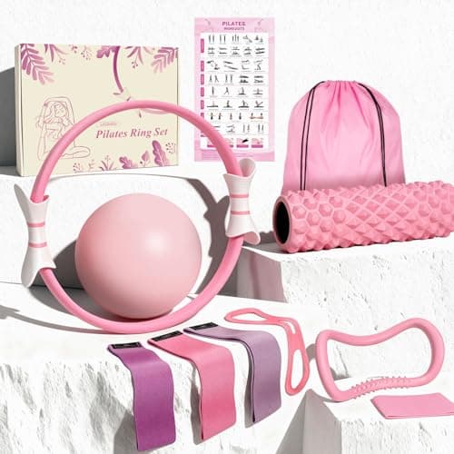 LZCDUDU Pink Pilates Ring Kit with 14 inch Magic Circle & Foam Roller, Ergonomic Home Workout Equipment Set, Full Essentials for Women Beginners - Includes Exercise Guide & Storage Bag - Image 1