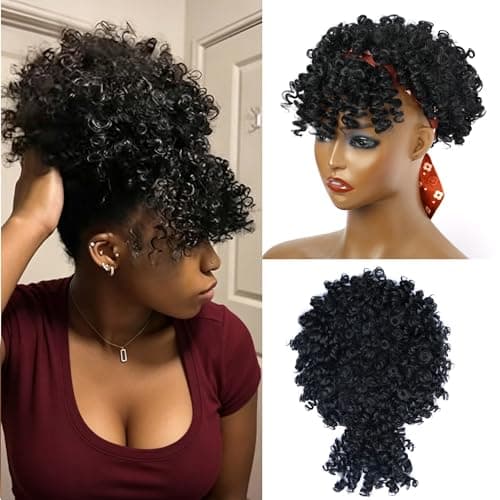 Servintha Afro Puff Drawstring Ponytail Extension for Black Women Kinky Curly Drawstring Ponytail with Bangs Natural Black Short Pony Tail Hair Extension Synthetic Fake Hair Pieces 1B Color - Image 1