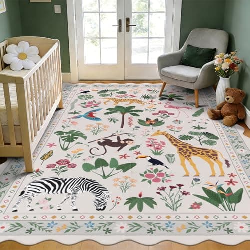 U'Artlines Jungle Animal Print Area Rug 6x9 ft, Machine Washable Soft Floor Carpet, Low Pile Non Slip Safari Animals Rugs for Living Room, Kids Bedroom (Beige)