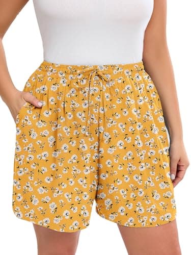 AusLook Plus Size Women's Casual Wide Leg Shorts 4X Yellow Celosia Lightweight High Waisted Adjustable Tie Knot Loose Summer Baggy Short Pants with Pockets - Image 1