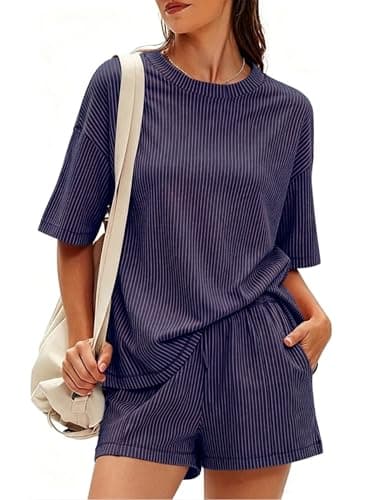 GraceSelect Womens 2 Piece Sets Summer Shorts Lounge Set Short Sleeve Matching Outfits Casual Sets With Pockets Navy Blue - Image 1