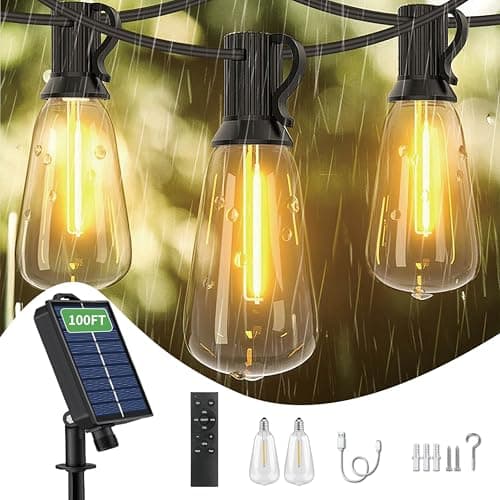 CRLIVOING 100FT Solar String Lights Outdoor Waterproof, 32 Shatterproof with Edison Bulbs,Solar Powered Outdoor Lights with Remote, LED String SolarLights for Garden, Backyard, Parties - Image 1