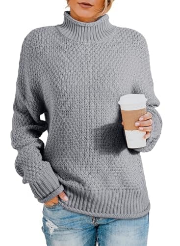 Dokotoo Womens High Neck Sweaters Batwing Long Sleeve Solid Fashion Casual Ladies Loose Basic Chunky Knitted Pullovers Sweaters Jumper Outerwear Gray Large - Image 1