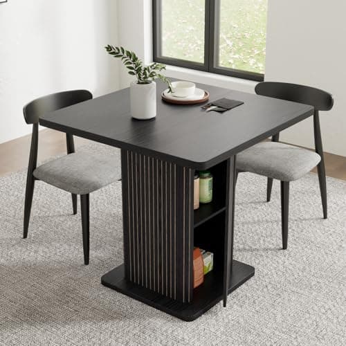 Small Black Dining Table for 2-4, 31.5 Inch Farmhouse Square Kitchen Table with 2-Tier Storage Shelf, Modern Wood Dinner Furniture with Fluted Doors, Dining Room, Living Room, Space Saving - Image 1