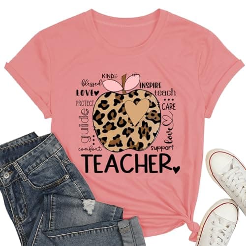 Leopard Print Apple Teacher Shirt for Women-Inspirational Heart Tee Tops Teacher Love Teach Inspire Short Sleeves - Image 1