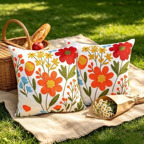 yuboo Set of 2 Embroidered Throw Pillow Covers 18x18 Inch - Boho Summer Decorative Cushion Covers with Zipper 3D Flower Cluster, Aesthetic Floral Pillowcases for Couch Sofa Bed, Housewarming Gifts - Image 1
