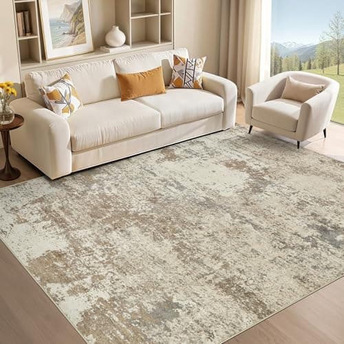 Micgeek Area Rug Living Room - 5X8 Abstract Washable Large Soft Foldable Non Slip Rug Neutral Modern Low Pile Carpet for Bedroom Nursery Dining Room Kitchen Home Office Indoor - Khaki - Image 1