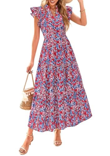 PRETTYGARDEN Women's 2026 Summer Floral Midi Dress Cap Sleeve V Neck Ruffle Long Flowy Boho Casual Beach Vacation Dresses (Floral Navy Red,XX-Large) - Image 1