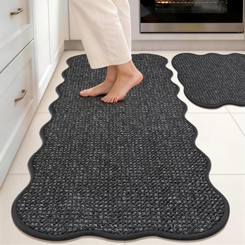 JSEI Scalloped Kitchen Rugs and Mats 2PCS, Kitchen Mats for Floor, Non-Slip Washable Kitchen Runner, Absorbent for Kitchen, Laundry & Sink, 17"x30"+17"x48", Charcoal