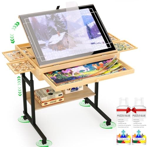 QDKGH Wooden Puzzle Table with Drawers, 1500 Piece Puzzles for Adults & Puzzle Enthusiasts with Adjustable Height & Tilt, Felt Surface, Metal Stand with Lockable Wheels, Puzzle Storage Box and Cover - Image 1