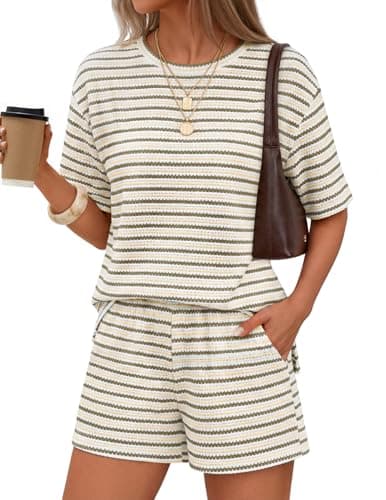 MEROKEETY Women's Summer 2 Piece Lounge Sets Striped Knit 2026 Casual High Waisted Shorts Matching Airport Travel Outfits, Green, M - Image 1