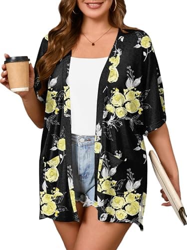 AusLook Plus Size Printed Cardigan for Women 2X Short Sleeve Lightweight Open Front Shrug with Pockets for Dresses and Layering - Image 1