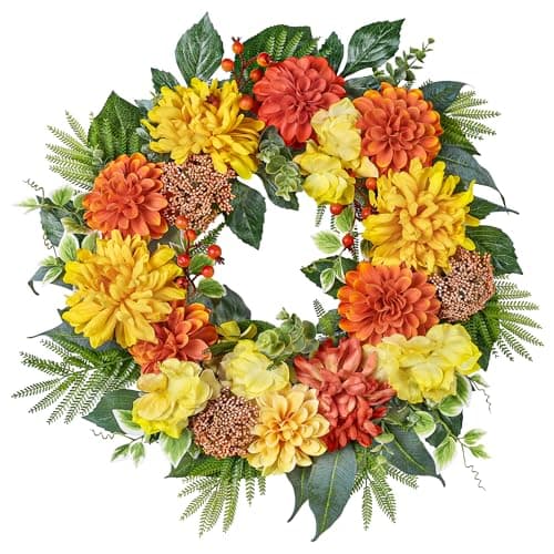 24-Inch Spring Summer Wreaths for Front Door with Hydrangeas Dahlias Daisy Silk Flowers and Berry Greenery for All Seasons Indoor Outdoor Wedding Farmhouse Porch Wall Living Room Home Wedding Decor - Image 1