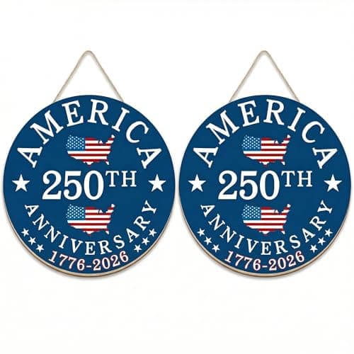 2 Pack 250th Anniversary Door Signs, 11.8" Patriotic 4th of July Decor Set, 1776-2026 America Independence Wooden Hangers, Front & Back Door Wreath Hanging Sign for Home Porch Outdoor Decor - Image 1