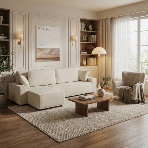 Garvee Fine Corduroy Stripe Large Couch, l Shaped Oversized Sectional Sofa with Deep Seat, Comfy Modular Couch for Living Room, Apartment, 61" d x 96" w x 32" h, Corduroy, Beige - Image 1
