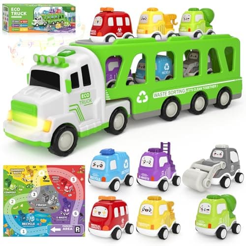7-in-1 Toddler Truck Toys for 2 3 4 5 Year Old Boys - 17" Longer Transport Eco Carrier Truck with 6 Cute Pull Back Cars and Playmat, with Light & Sound, Christmas Birthday Gifts for Kids 2-5, Grey - Image 1