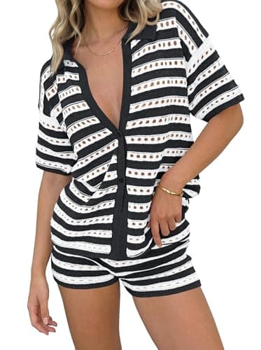 Saodimallsu Womens Crochet Swimsuit Coverup Summer 2 Piece Outfits Striped Knit Short Sleeve Button Shirts Shorts Sets Black - Image 1