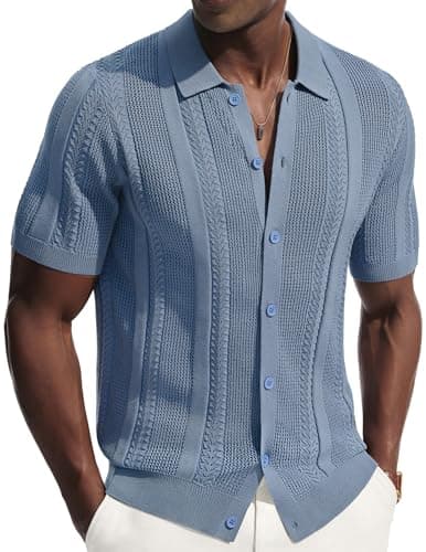 Men's Knit Short Sleeve Button Down Shirts Vintage Hollow Out Knitted Polo Shirt Casual Beach Vacation Shirt Gray Blue M - Image 1