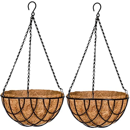 Kingbuy 12 Inch Metal Hanging Planter Basket with Coconut Fiber Liner Round Wire Hanging Plant Flower Pot for Home Garden Patio Decoration, Grid Pattern, 2 Pack - Image 1