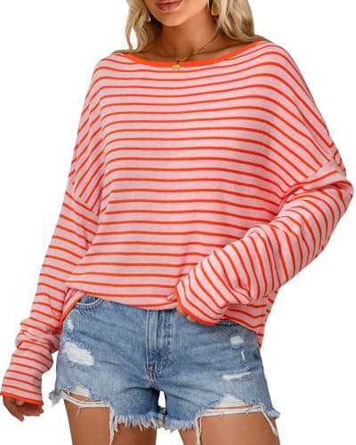 Arach&Cloz Women's Linen Blend Beach Sweaters Striped Summer Long Sleeve Boat Neck Off The Shoulder Casual Lightweight Oversized Trendy Tops Travel Cruise Vacation Outfits 2026 Coral Pink XL - Image 1