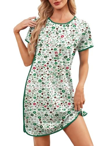Namatime Nightgowns for Women Floral Print House Dress Crew Neck Short Sleeve Night Gown Sleep Shirts Dress Soft Sleepwear Summer Sleepshirt Nightdress Green and Red Flower X-Large - Image 1
