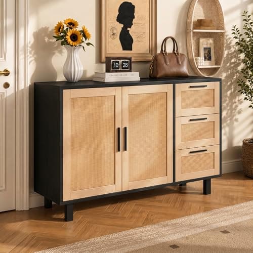 GREEN PARTY 47" Black Rattan Sideboard Buffet Cabinet, Coffee Bar Cabinet with Storage, 3 Drawers and 2 Doors, Modern Kitchen Storage Cabinet for Dining Room, Entryway - Image 1