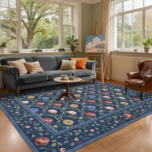 GarveeHome Floral Washable 6x9 Area Rugs, Boho Rugs for Living Room Soft Low Pile Ultra-Thin Non-Slip Vintage Carpet for Dining Room Bedroom Nursery, Navy Blue - Image 1