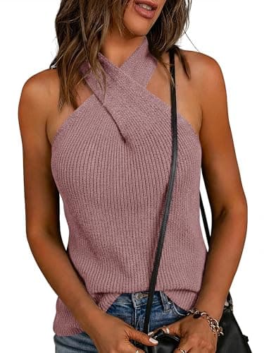 LaGracia Women's Halter Criss Cross Crochet Tops Knit Sleeveless Sweater for Women Tank Trendy Elegant Spring Summer Outfits 2026 Dusty Pink 2XL - Image 1
