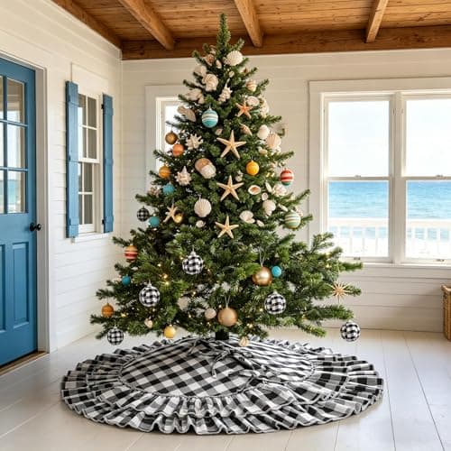 Black and White Buffalo Plaid Christmas Tree Skirt with Ruffles, Christmas Gingham Tree Skirt Farmhouse Style 48 Inches, Rustic Winter Xmas Holiday Tree Decorations for Easter Party - Image 1