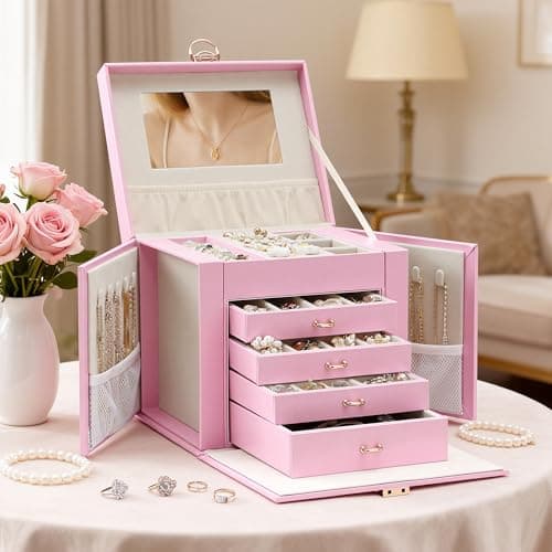 Jewelry Box for Women with Lock, 5-Layer Jewelry Organizer with Mirror & 4 Drawers, Lockable Faux Leather Storage Case for Ring Necklace Bracelet Earring, Elegant Gift for Girls Mom Girlfriend, Pink - Image 1