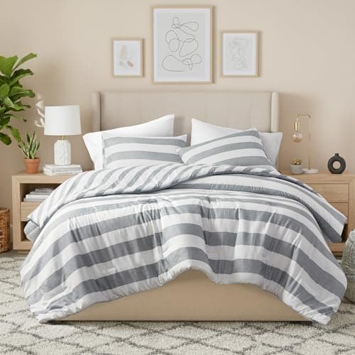 Regency Heights Reversible Striped Queen Comforter Set, Soft Microfiber Bedding Set with Double-Sided Stripes Design, Warm & Cozy for All-Seasons, 3-Piece Comforter and Shams Set Queen Size, Grey - Image 1