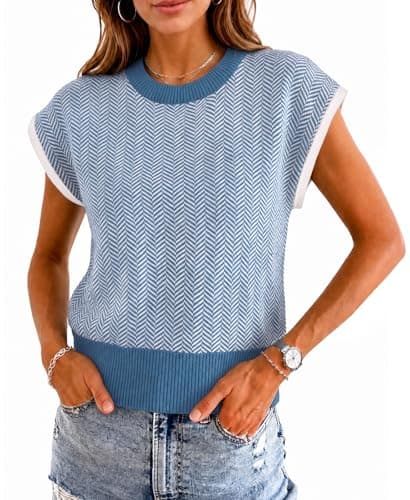 Flowyair Womens Cap Sleeve Sweater Vest Color Block Knit Crop Tops Crew Neck Casual Lightweight Pullover Tops Blue - Image 1