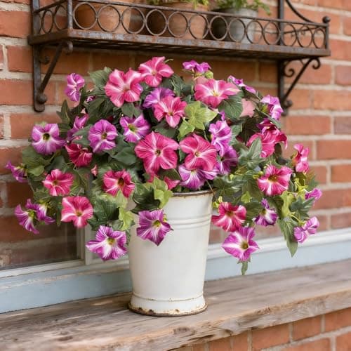 HAIDOLIANG Artificial Fake Flowers Plants for Outdoor Decoration, 2 Bundles Fake Flowers Silk Morning Glory UV Resistant Realistic Faux Flowers for Front Door Porch Patio Yard Window Box (Purple Red)