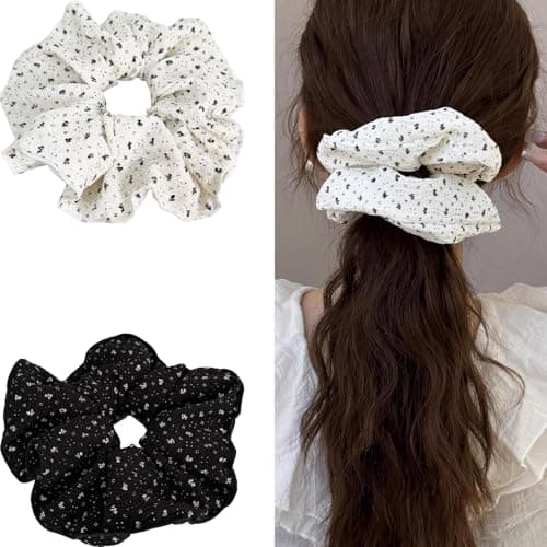 Jseng 2PCS Large Scrunchies for Hair, Polka Dot Hair Ties, Beige and Black - Image 1