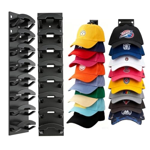 Bhtqdnq 2 Pack Hat Organizer for Baseball Caps, Hat Rack for Wall with Strong Adhesive, Hold Up to 16 Hats, Hat Rack for Door Closet, Multi-Tier Hat Organizer, Two Mounting Options (Black) - Image 1