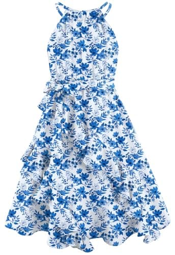 HOZIY Tween Girls Dresses Size 10-12 Summer Casual Kids Tiered Ruffle Dress Juniors Halter Neck Elegant Hawaiian Formal Party Sundress Blue Floral - Image 1