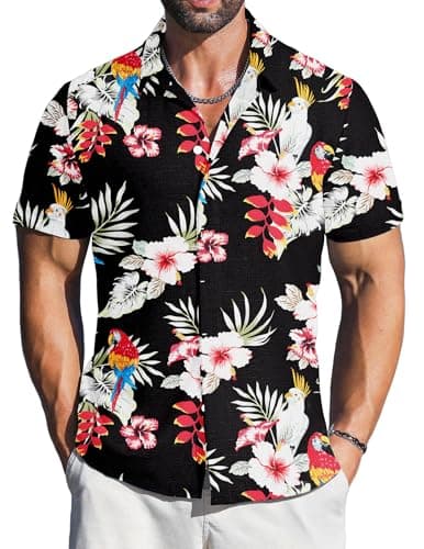 LETSEE Mens Summer Shirts Linen Casual Short Sleeve Button Down Dress Beach Hawaiian Shirt Summer Outfit, Parrot Black Flower, 4XL - Image 1