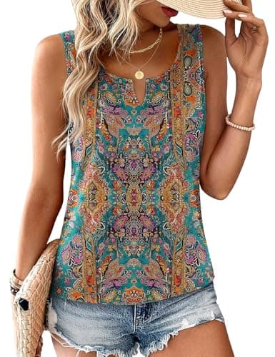 JUSTFASHIONNOW Boho Tank Tops for Women V Neck Sleeveless Tops Dressy Casual Blouses Work Shirts Summer Beach Vacation Clothes(Light Blue, XX-Large) - Image 1