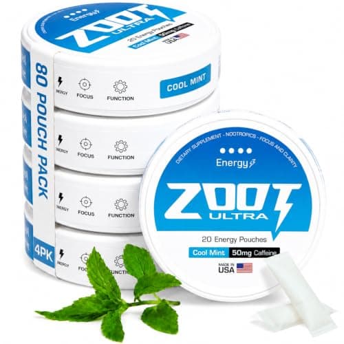Zoot Pouches | Ultra Focus & Energy Blend | Cool Mint - 80 Pouches | 50mg Caffeine, Alpha GPC, L-Tyrosine, L-Theanine | 4 Pack | Made in USA - Image 1