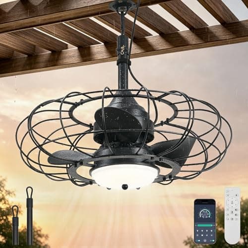 AHAWILL Outdoor Ceiling Fan with Light,20in Gazebo Fan with Remote and APP, 6 Speed,Dimmable 3 Color,IP65 Waterproof Cage Fan for Patio,Porch, Pergola,Canopy,Black - Image 1