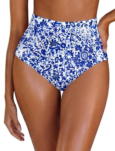 Arolina Women Blue Print Ruched High Waisted Bikini Bottom Swimsuit Tummy Control Bathing Suit Bottoms Full Coverage Swimwear - Image 1
