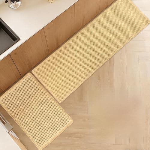Siyaluens Luxury Waffle Bath Mat, Super Absorbent Non Slip Bathroom Rugs, Boho Ultra Soft Comfort Machine Washable Quick Dry Floor Mats with Tassels (Beige, 17" x 24" + 24" x 72") - Image 1