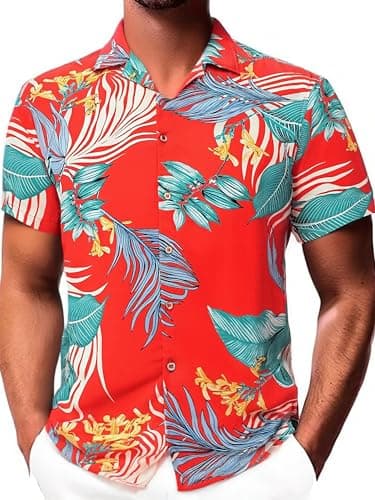 Damipow Hawaiian Shirts for Men Short Sleeve Aloha Beach Shirt Floral Summer Casual Button Down Shirts,Orange49690,4,L - Image 1