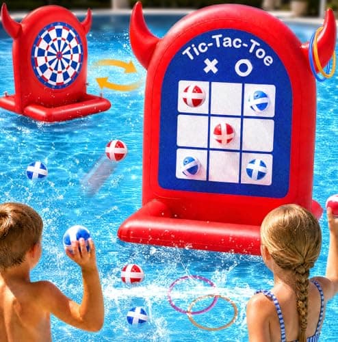 Pool Games Toys Set 3-in-1 Outdoor Water Toys with Throwing Balls & Ring Toss Inflatable Pool Toys for Kids Ages 4-8 Teens Adults Swimming Pool for Yard Beach Party Outdoor Games (Red) - Image 1